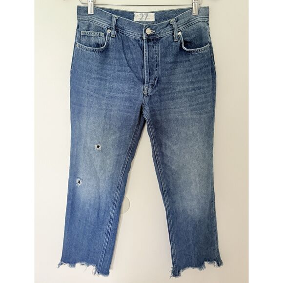Free People Maggie Straight Jeans High Rise Rigid Denim Frayed Hem Button Fly 27 - Picture 2 of 8
